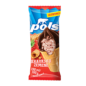 POLS saldējums  vafeļu glāzītē ar zemeņu pildījumu un vafeļu drumstalām, 190 ml/100g