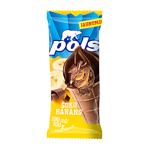 POLS šokolādes saldējums vafeļu glāzītē ar banānu pildījumu, 190 ml/100g